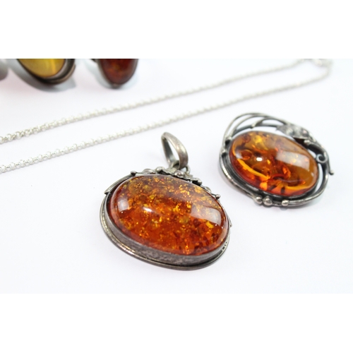 152 - Collection Of Sterling Silver Amber Jewellery inc. Rings, Necklace x 6 110g