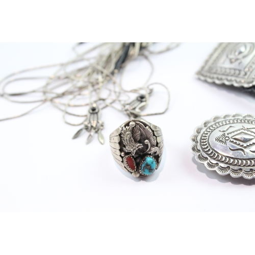 159 - Collection of Sterling Silver Native American Jewellery inc. Bolo x 6 145g