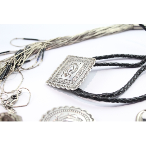 159 - Collection of Sterling Silver Native American Jewellery inc. Bolo x 6 145g