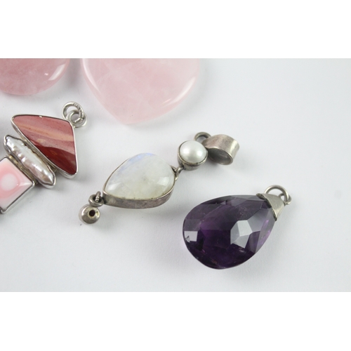 164 - Collection of Sterling Silver Gemstone Pendants inc. Rose Quartz x 8 117g