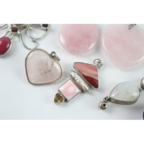 164 - Collection of Sterling Silver Gemstone Pendants inc. Rose Quartz x 8 117g