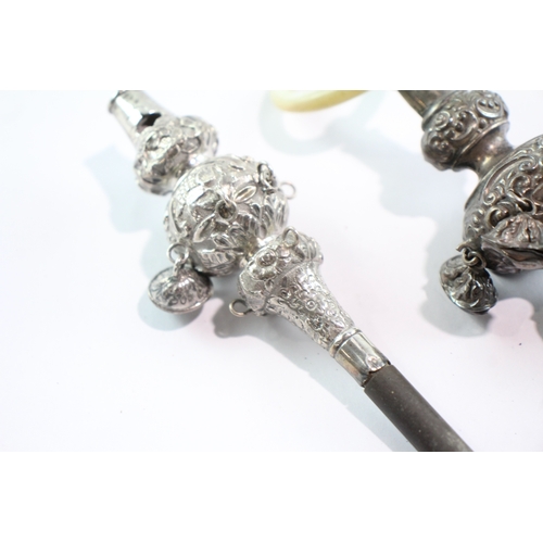 257 - 3 x Antique / Vintage .925 Sterling Silver Baby Rattles / Whistles 93g