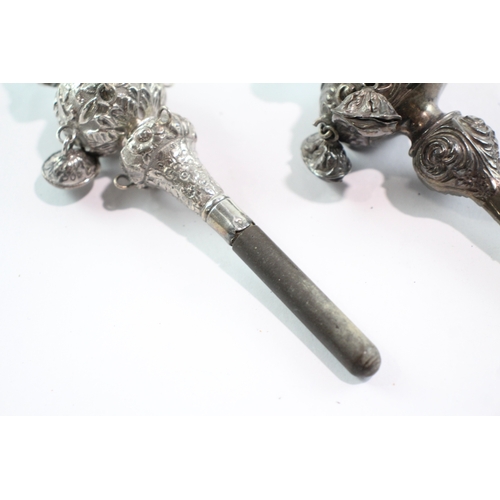 257 - 3 x Antique / Vintage .925 Sterling Silver Baby Rattles / Whistles 93g