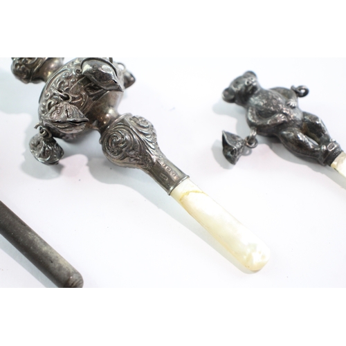 257 - 3 x Antique / Vintage .925 Sterling Silver Baby Rattles / Whistles 93g