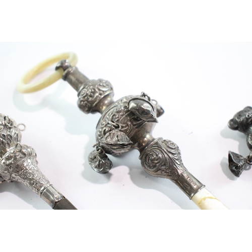 257 - 3 x Antique / Vintage .925 Sterling Silver Baby Rattles / Whistles 93g