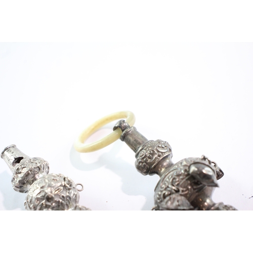 257 - 3 x Antique / Vintage .925 Sterling Silver Baby Rattles / Whistles 93g