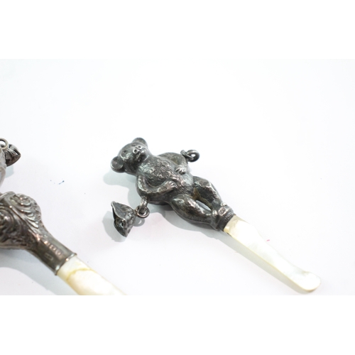 257 - 3 x Antique / Vintage .925 Sterling Silver Baby Rattles / Whistles 93g