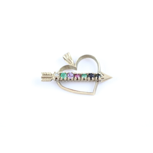 111 - 2x 9ct gold acrostic 'DEAREST' emerald diamond heart pendants (2.6g)