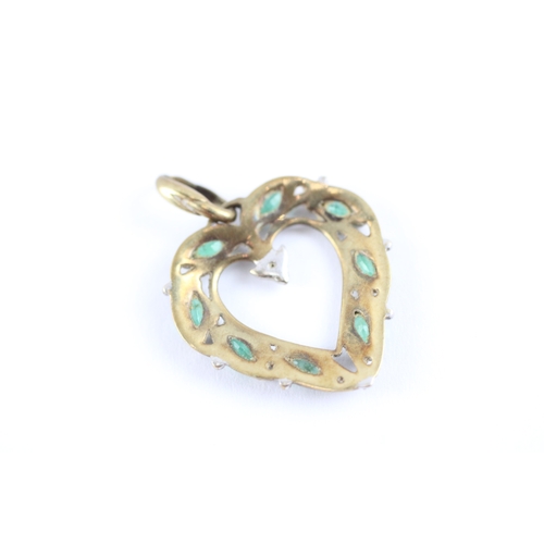 111 - 2x 9ct gold acrostic 'DEAREST' emerald diamond heart pendants (2.6g)