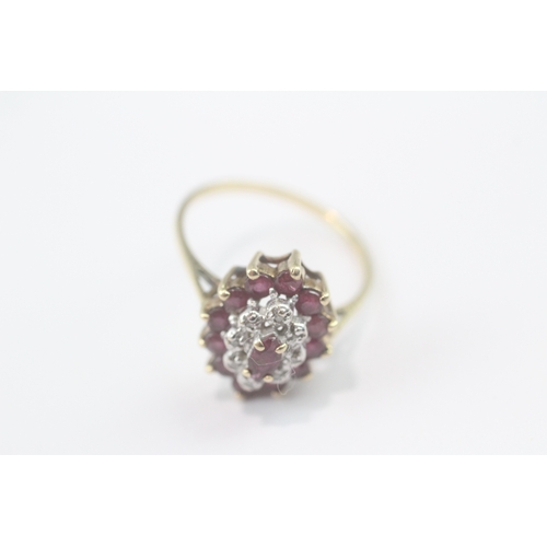 170 - 9ct gold diamond ruby cluster ring (2g) Size N