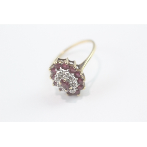 170 - 9ct gold diamond ruby cluster ring (2g) Size N