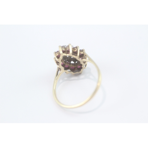 170 - 9ct gold diamond ruby cluster ring (2g) Size N
