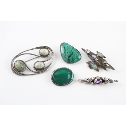 244 - Collection of Sterling Silver Gemstone Brooches inc. Eilat, Amethyst, Chrysoprase x 5 (63g)