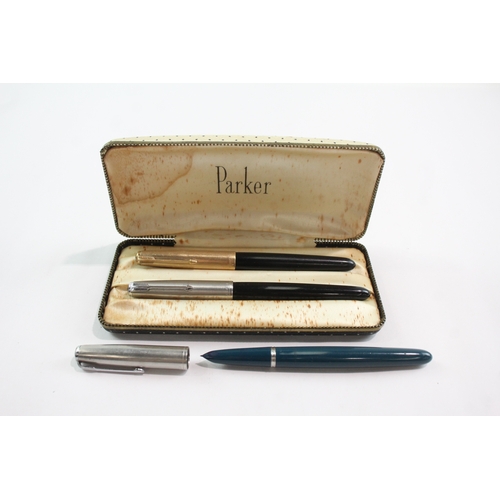 3 x Vintage Parker 51 Fountain Pens w/ 14ct Gold Nibs WRITING Inc Gold ...
