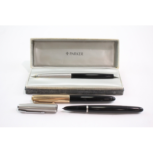3 x Vintage Parker 51 Fountain Pens w/ 14ct Gold Nibs WRITING Inc Gold ...