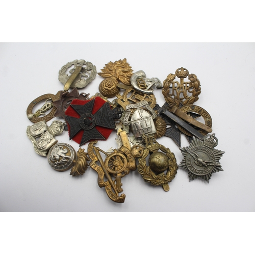 Mixed Military Cap Badges Inc AM Fire Service, Military Police, RM, Fus, Etc
