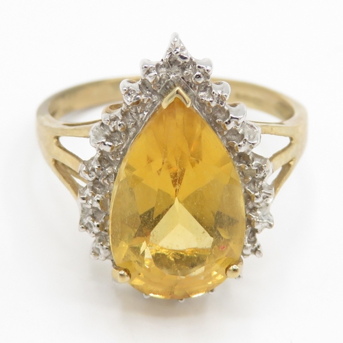 129 - 9ct gold pear cut citrine diamond cluster ring (3.5g) Size P 1/2