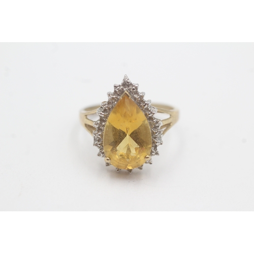 129 - 9ct gold pear cut citrine diamond cluster ring (3.5g) Size P 1/2