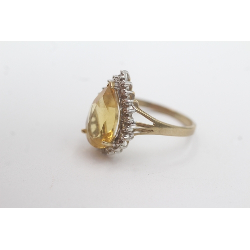 129 - 9ct gold pear cut citrine diamond cluster ring (3.5g) Size P 1/2