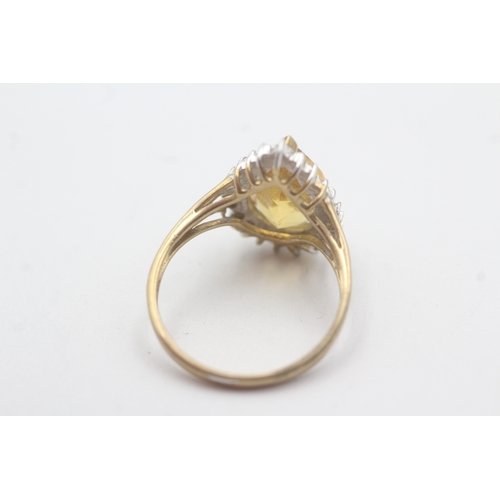 129 - 9ct gold pear cut citrine diamond cluster ring (3.5g) Size P 1/2
