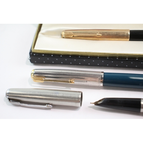 3 x Vintage Parker 51 Fountain Pens w/ 14ct Gold Nibs WRITING Inc Gold ...