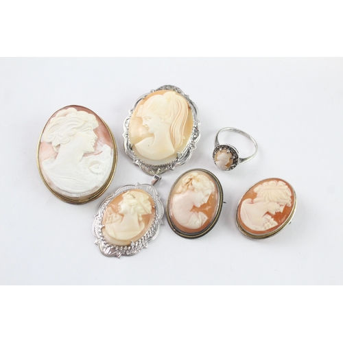 215 - Collection of Silver Shell Cameo Jewellery inc. Brooches, Pendant, Ring x 6 (33g)
