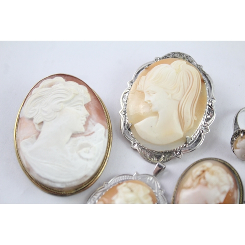 215 - Collection of Silver Shell Cameo Jewellery inc. Brooches, Pendant, Ring x 6 (33g)