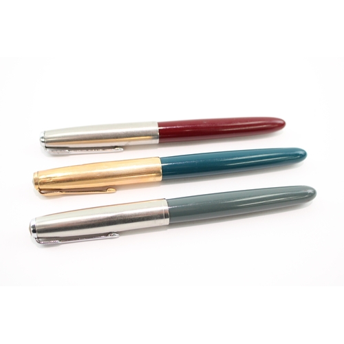 3 x Vintage Parker 51 Fountain Pens w/ 14ct Gold Nibs WRITING Inc Gold ...