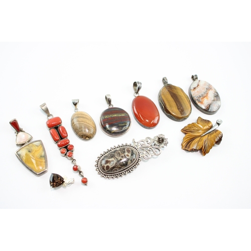 Collection of Sterling Silver Gemstone Pendants, inc. Tigers Eye, Carnelian, Jasper x 10 (128g)
