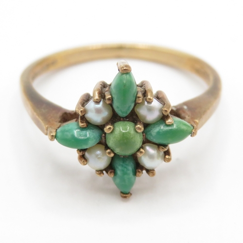 108 - 9ct gold antique turquoise & seed pearl dress ring (2.2g) Size M