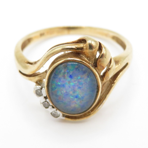 112 - 9ct gold opal triplet & diamond dress ring (2.4g) Size N