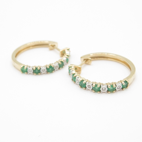 194 - 9ct gold emerald & diamond hoop earrings (3.5g)