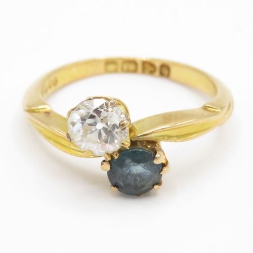 70 - 18ct gold antique sapphire & old mine cut diamond toi et moi ring (AF-chip to diamond) (3.3g) Size L... 