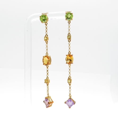 90 - 9ct gold amethyst, citrine, peridot & yellow gemstone drop earrings (5.4g)