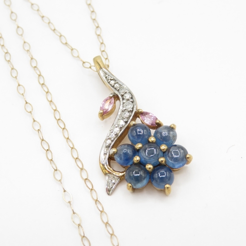 97 - 9ct gold sapphire & diamond floral pendant necklace (2.9g)
