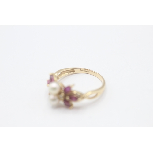 11 - 9ct gold ruby, diamond & cultured pearl dress ring (2.6g) Size N 1/2