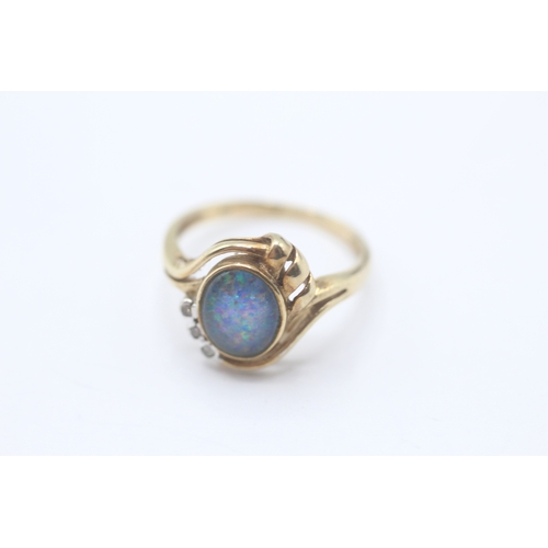 112 - 9ct gold opal triplet & diamond dress ring (2.4g) Size N