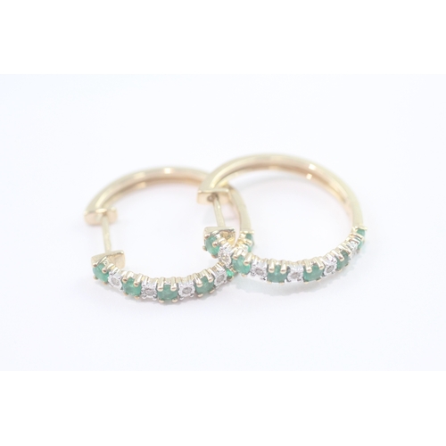 194 - 9ct gold emerald & diamond hoop earrings (3.5g)