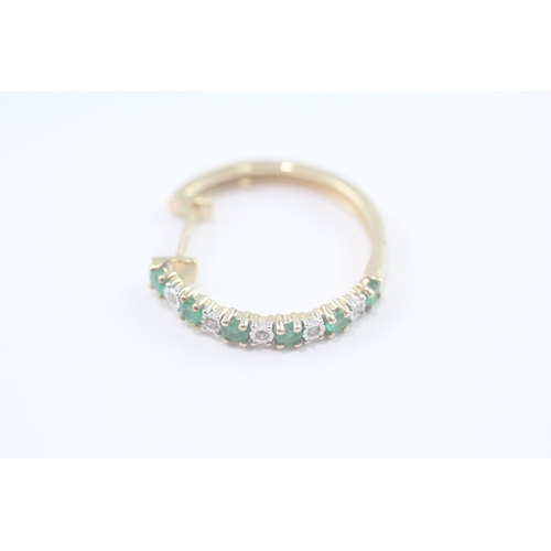 194 - 9ct gold emerald & diamond hoop earrings (3.5g)