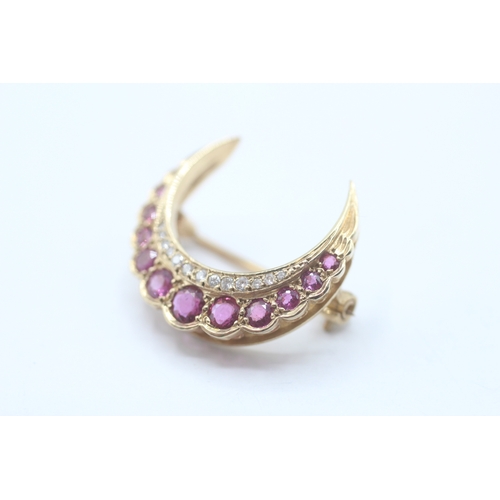 2 - 9ct gold vintage ruby & diamond crescent brooch (4.1g)