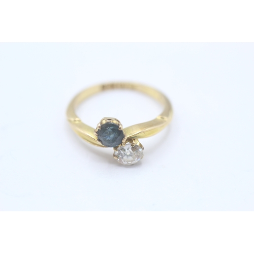 70 - 18ct gold antique sapphire & old mine cut diamond toi et moi ring (AF-chip to diamond) (3.3g) Size L... 