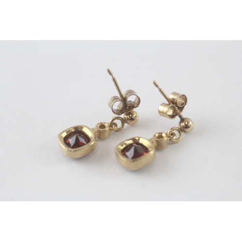 77 - 9ct gold garnet & diamond drop earrings (2.2g)