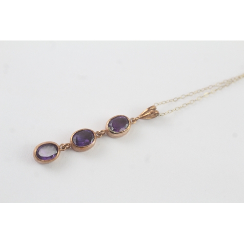 84 - 9ct gold amethyst drop pendant necklace (3.1g)