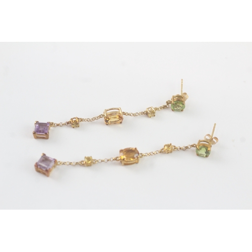 90 - 9ct gold amethyst, citrine, peridot & yellow gemstone drop earrings (5.4g)