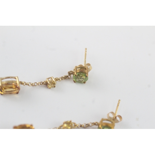 90 - 9ct gold amethyst, citrine, peridot & yellow gemstone drop earrings (5.4g)