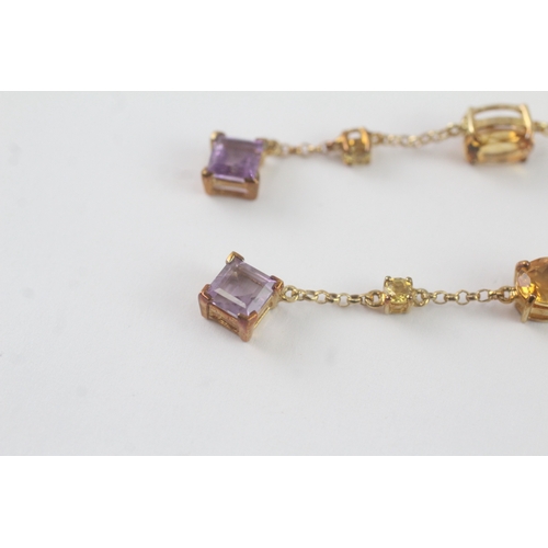 90 - 9ct gold amethyst, citrine, peridot & yellow gemstone drop earrings (5.4g)
