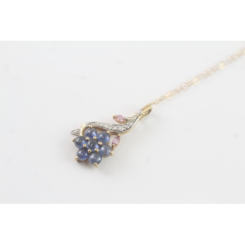 97 - 9ct gold sapphire & diamond floral pendant necklace (2.9g)