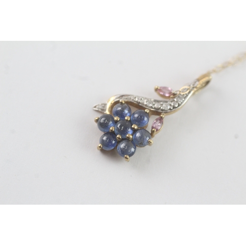 97 - 9ct gold sapphire & diamond floral pendant necklace (2.9g)