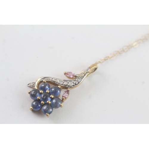 97 - 9ct gold sapphire & diamond floral pendant necklace (2.9g)