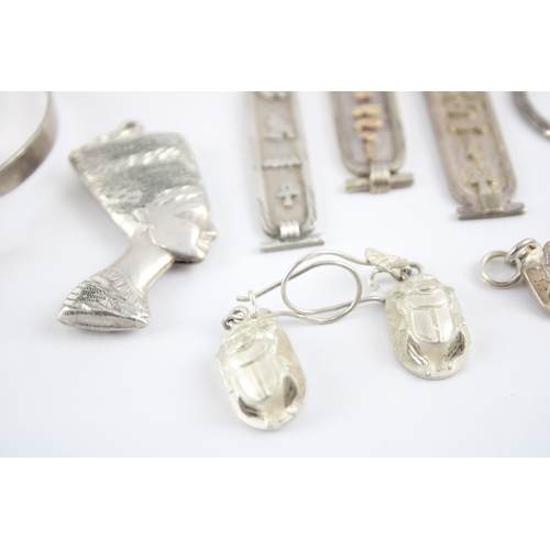 234 - Collection of Silver Egyptian Revival Jewellery, inc. Hieroglyphs, Scarab x 10 (61g)
